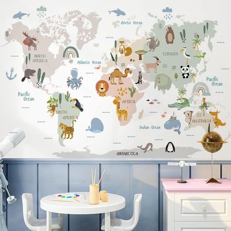 Carte du monde autocollante représentant des animaux pour chambre d'enfant, garçon ou fille (A) (1/5)