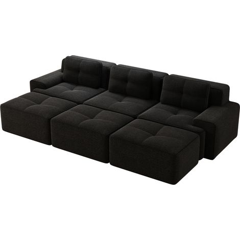 Divano modulare angolare senza telaio in velluto a coste nero, funzione letto, 3 posti, con 3 pouf (1/5)