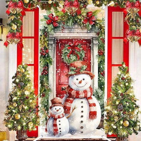 Couverture de Porte de Bonhomme de Neige Noël, Décoration Noël Rouge Vert Couverture de Porte d'Entrée Bannière Suspendue Toile de Fond, Décoration de Porte Noël Extérieure pour Fête Noël 90x180cm (1/5)