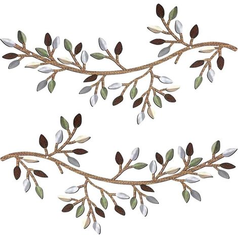 Decoración de pared de metal: Conjunto de 2 esculturas de hierro que representan ramas de olivo - Decoración colgante rústica para la sala de estar y la cocina. (1/5)