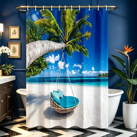 Rideau de douche 180 x 200 cm - Motif plage, ourlet lesté - Textile anti-moisissure - Imperméable - Lavable - En polyester - Avec 12 œillets et anneaux de rideau de douche - Pour salle de bain (1/5)