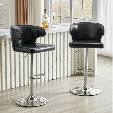 Taburete de bar con respaldo ergonómico, asiento giratorio 360°, altura ajustable, PU negro (1/5)