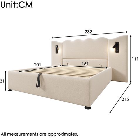 Lit double rembourré 160x200 cm lin beige,lampe lecture,USB Type-C,cadre rangement bois+métal,base à lattes,sans matelas (1/5)