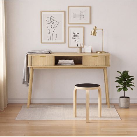 Consolle 133.5x42x14.3 cm, stile Mid-Century, 2 cassetti, ripiano aperto, MDF e truciolato, colore rovere (1/5)