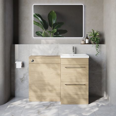 Napoli 390 Cento Light Oak 1100mm 2 Drawer Vanity Unit Toilet Suite with Glide Basin - 1100mm - Chrome 320mm HandleWithout Kingston Toilet Pan