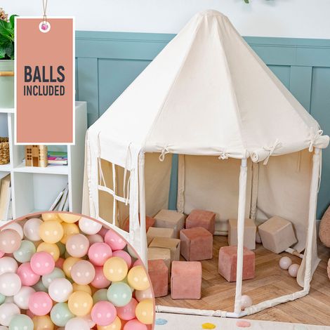 Tenda da gioco per bambini KiddyMoon con 200 palline. Casetta pieghevole a forma di padiglione. Facile da montare per giocare sia all'interno che all'esterno. Colore naturale: beige pastello/giallo pa
