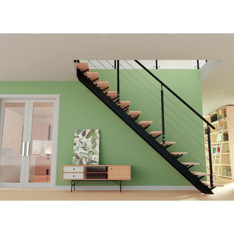 Escalier Droit Métal et Bois Noir 13 Marches Hêtre Verni Twin France (1/5)