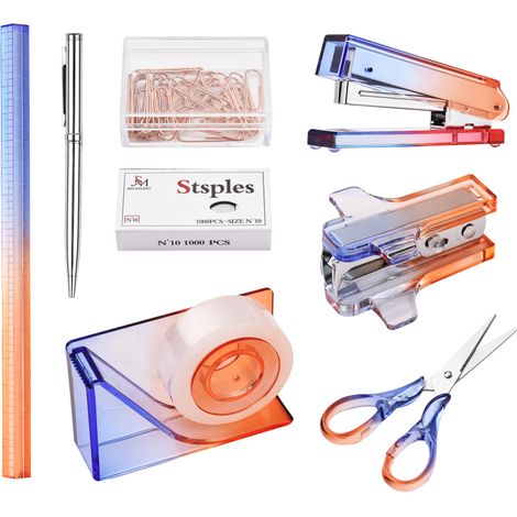 Kit de bureau 8 pièces – agrafeuse acrylique, ruban, ciseaux, trombones, règle, stylo, pour étudiants/pros (1/5)