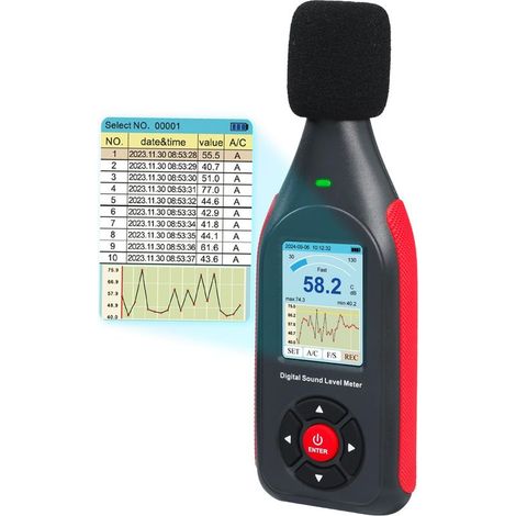 Enregistreur de données - Décibelmètre numérique - Niveau sonore avec 43 000 ensembles de données et exportations - Compteur sonore rechargeable avec fréquence A/C et sortie CC avec