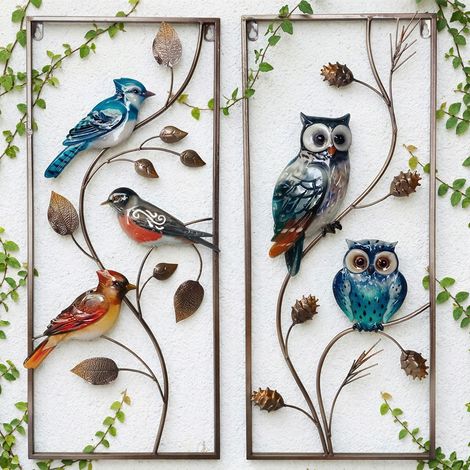 Tableau mural Décoration murale Extérieur Lot de 2 oiseaux Hiboux Multicolore Métal H 69,5 cm (1/5)
