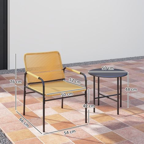 Ensemble bistro en rotin 3 pièces, salon de jardin avec 2 chaises, table basse, mobilier de balcon ou terrasse, acier, jaune