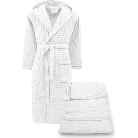 Accappatoio Uomo Donna in Cotone con Cappuccio, BEEApone® Nido d'Ape, Colore Bianco, Asciugatura Rapida, Morbido M