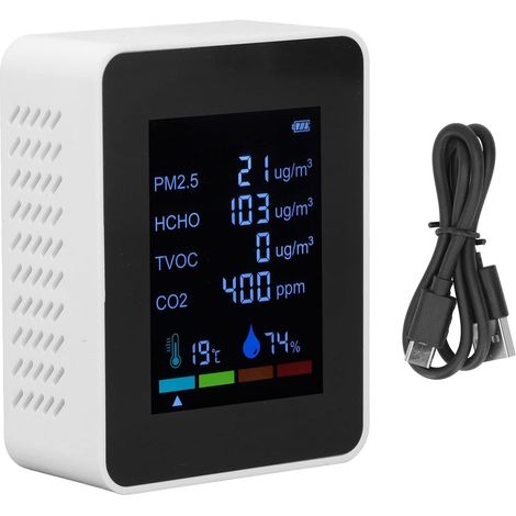 Luftqualitätsmonitor, 6-in-1 Multifunktions-Kohlendioxidmessgerät, Luftqualitätsmonitor, PM2.5 TVOC HCHO Temperaturdetektor, USB-Ladefunktion, Kohlendioxiddetektor, Messung von Raumtemperatur und Luft