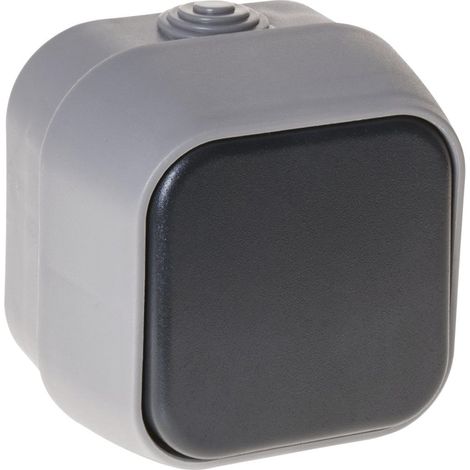 Interrupteur unipolaire IP54 en gris élégant, compact (7 x 7 x 5 cm). Parfait pour contrôler les circuits électriques en intérieur et en extérieur.