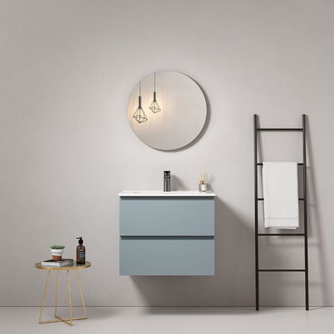 Mobile bagno sospeso 60 cm Blu Avio Lavabo in Ceramica Specchio Tondo - Fiji Paint