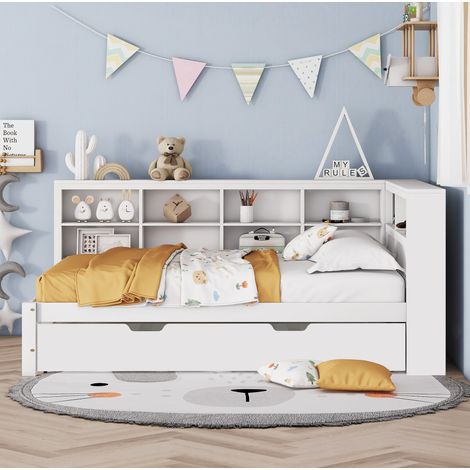 Divano letto in legno bianco 140x200 cm con letto estraibile 90x190 cm, USB integrata e vani contenitore (1/5)