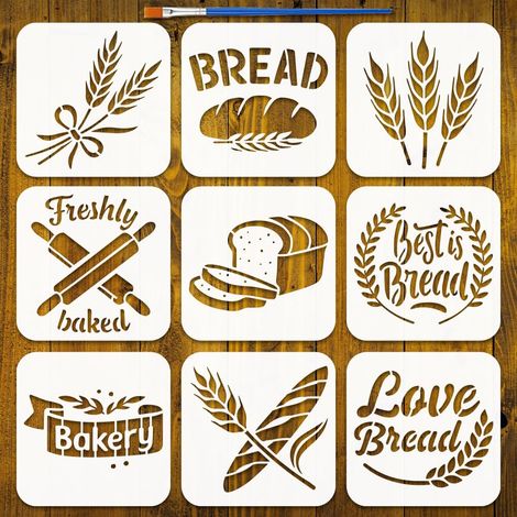 9Pcs Pochoir Peinture Motif Pain Avec Pinceau 15x15cm Décoratif Blé Mots Modèle Dessin Plastique Pet Boulangerie Pochoir Quotidien Thème Modèle pour Artisanat (1/5)