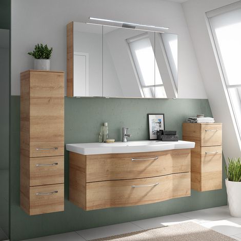Badmöbel Komplett Set mit 122cm Waschbecken und LED Aufsatzleuchte, Riviera Eiche quer Nb. SOLINGEN-66, B/H/T ca. 212/200/51,5 cm (1/5)