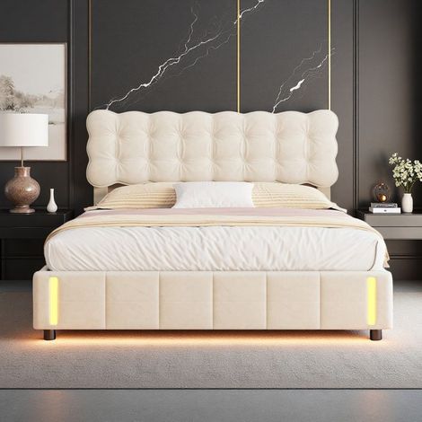 Letto doppio 160x200 - Rete rinforzata - Contenitore di stoccaggio - Illuminazione intelligente - Velluto beige