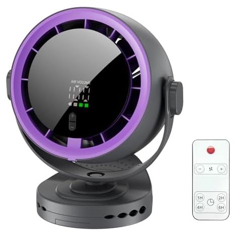 Ventilator Klein, 5000mAh USB Ventilator Akku mit Fernbedienung, 3-in-1 Design (Tisch/Clip/Wandmontage), 5 Stufen & 4 Timer, Dual 360° Rotation, für Schlafzimmer, Küche, Büro, Grau-Lila (1/5)