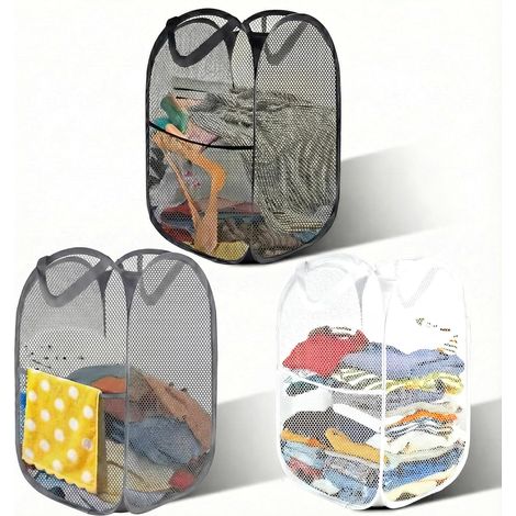 3 Pièces Panier à Linge Pliables, Pop Up Panier Linge, Corbeilles à Linge Pliable Pop Up, Panier à Linge Filet, 36 x 36 x 58 cm, Adapté pour la Salle de Bain (Noir, Gris, Blanc) (1/5)