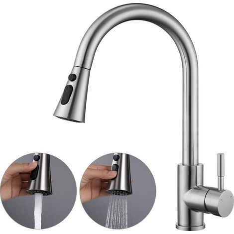 Robinet de cuisine extractible avec douchette, robinet de cuisine haute pression avec 2 vitesses d'eau, robinet d'évier rotatif à 360°, mitigeur de cuisine (argenté)