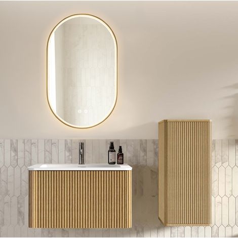Badmöbel Set mit Waschbecken, LED Spiegel, Unterschrank und Seitenschrank, aus Kunststein und MDF, Eichefarben und Weiß (1/5)