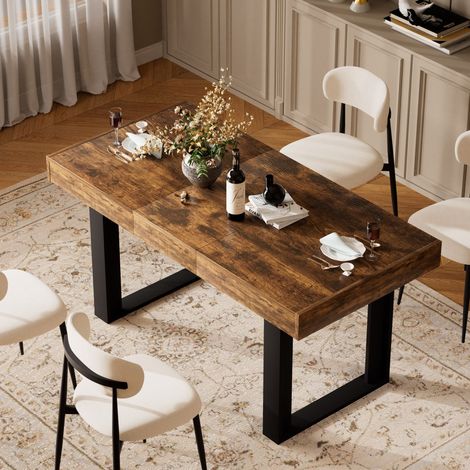 Table à manger rectangle extensible 120-160x75x75cm,8 personnes,table de cuisine industrielle,aggloméré,effet bois rustique et noir (1/5)