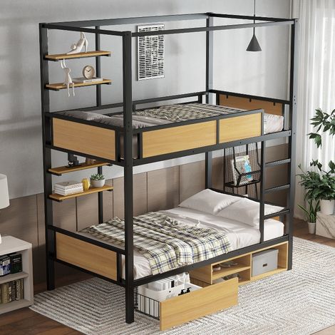 Etagenbett 90x200 cm mit Stauraum und Rollschubladen, platzsparendes Hochbett aus Metall und MDF mit doppeltem Ablageboard, Schwarz und Natur (1/5)