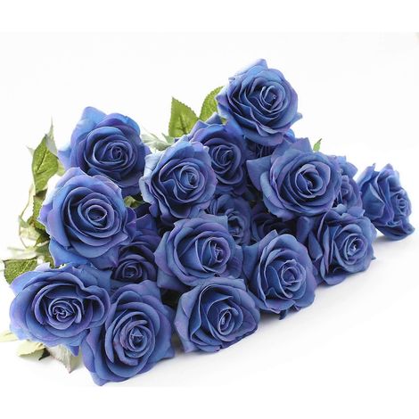10 roses artificielles de haute qualité en latex, réalistes au toucher, pour la décoration de la maison et des chambres d'enfants. Idéales pour les bouquets de mariée et de demoiselles d'honneur.bleu (1/5)