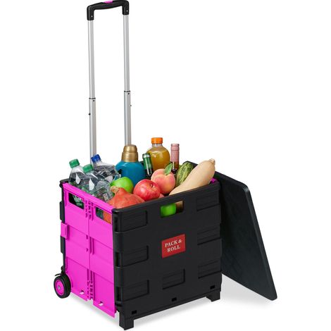 Chariot de courses pliable Relaxdays, 50 L, jusqu'à 35 kg, poignée télescopique, 2 roulettes, rose/noir