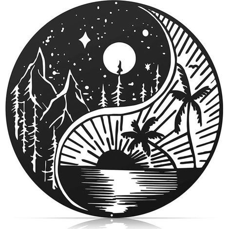Décoration murale en métal avec motif soleil et lune à suspendre - Décoration murale en fer pour salon, cuisine, jardin, noir - 28 x 28 cm (1/5)