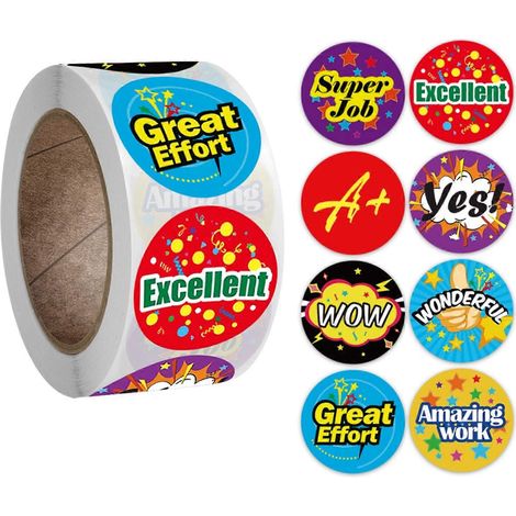 Rouleau de 500 autocollants de récompense mignons à motifs de dessins animés pour motiver les élèves et encourager les enseignants, pour le scrapbooking et les loisirs créatifs. (1/5)