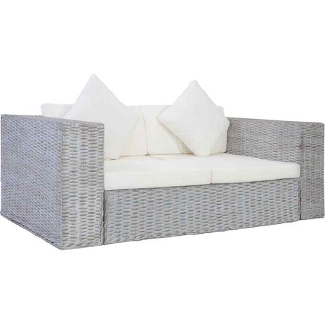 2-Sitzer-Sofa mit Kissen Grau Natürliches Rattan