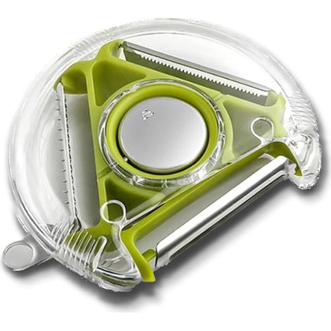 2 Pièces Éplucheur de Pommes 3 en 1 – Lames Multifonctionnelles à Commutation Facile par Bouton, Poignée Anti-Dérapante, Outil de Cuisine en Acier Inoxydable pour Fruits & Légumes (1/5)