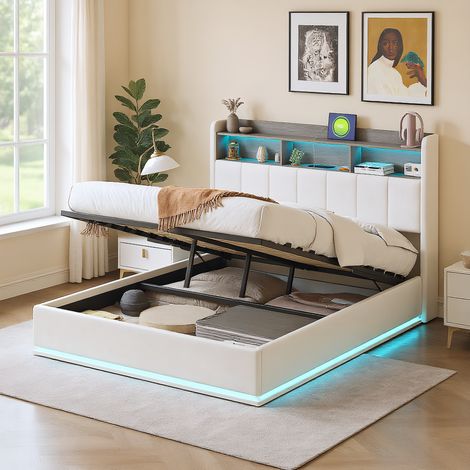 Polsterbett 160x200 cm, Doppelbett mit hydraulischem Stauraum, mit LED und USB-Ladestation, Modernes Jugendbett, Bettgestell mit Kopfteil und Lattenrost, Velour Beige, Ohne Matratze
