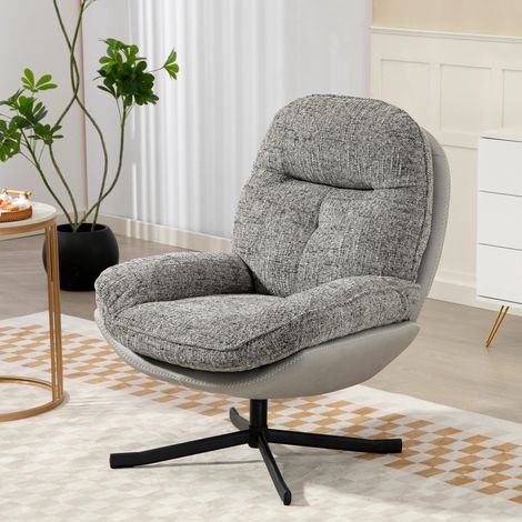 Butaca de Salón Giratoria Moderna Tapizada en Chenilla y Cuero PU con Asiento Ancho Base de Cruz Sillón Relax Gris (1/5)