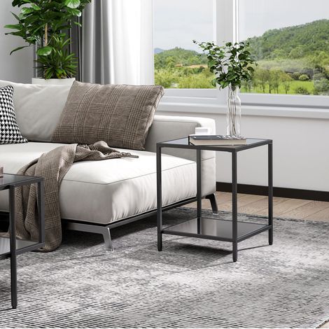 Mesa auxiliar de vidrio templado negro 40 x 40 x 50 cm, mesa de 2 niveles con estructura de acero (1/5)