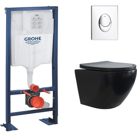 Pack WC Grohe Rapid SL + Cuvette sans bride KELOS Flush Noir Mat + Plaque Skate Air Chromé (1/5)