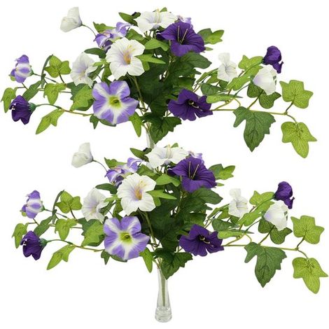 Flores artificiales，petunias moradas y blancas，2 unidades，50,8 cm，seda realista resistente a los rayos UV，plantas artificiales para exteriores (1/5)
