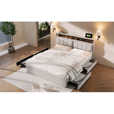 Bett mit Schubladen, USB-C-Ladefunktion, 140 x 200 cm, verstellbares Kopfteil, Holzlatten (1/5)