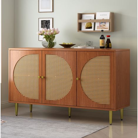 Aparador de 3 puertas en ratán, 129,8 x 40 x 76 cm, efecto nogal HAVRYA (1/5)