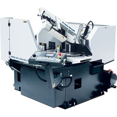 Scie à ruban automatique CNC pour métaux – Capacité de coupe 230 mm – Puissance 1,5 kW – Vitesses 20-100 m/min – Angle réglable 0-60° – Metallkraft - BMBS230X280