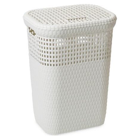 Portabiancheria In Plastica Effetto Rattan 60 Litri con Coperchio Bianco Art.439