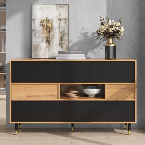 Buffet multifonctionnel bois finition noire 140x40x84,5 cm 2 tiroirs compartiment ouvert portes battantes rangement salon salle à manger entrée (1/5)