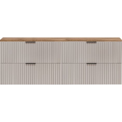 Furnidea - Meuble sous vasque à suspendre FLOW cachemire avec le plan chêne wotan 160 cm - 4 tiroirs - façades rainurées (1/5)