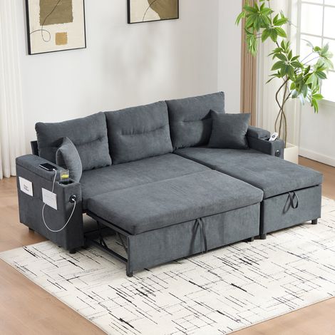 MODFU - Divano letto a 3 posti in velluto a coste con letto estraibile per 2 persone, chaise longue idraulica, USB-C, 212,5×136×60 cm, Grigio scuro (1/5)
