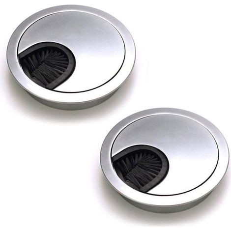 Set of 2 Round Flush Mount Cable Grommets, Brushed Steel Wire Cable Grommets, Desk Table Cable Grommets, 60mm Diameter - Chrome Pearl Silver (1/5)