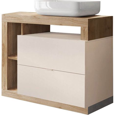 ARTURO - Meuble Vasque 92cm 2 tiroirs beige laqué et aspect bois finition Cadiz