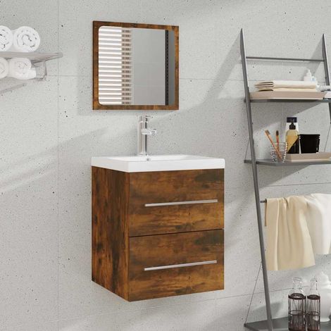 Armoire de salle de bain - Meuble de rangement Style Contemporain avec miroir Chêne fumé 41x38,5x48 cm BV569718 - BonneVie (1/5)